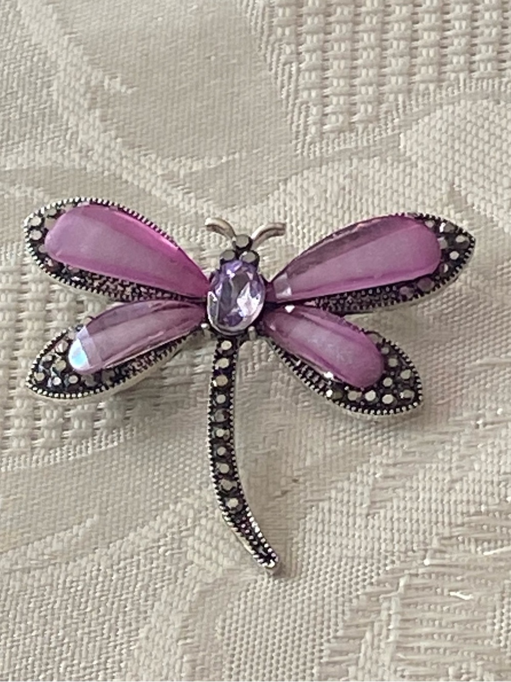Dragonfly Brooch Pin Lavender Purple Stones & Rhinestones Silver Tone 1.5”H New